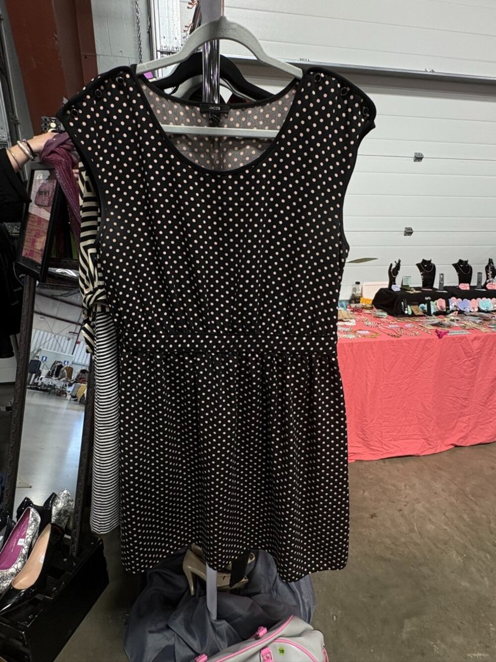 JACOB Black Pink Polka Dot Fit & Flare Dress Size L Retro